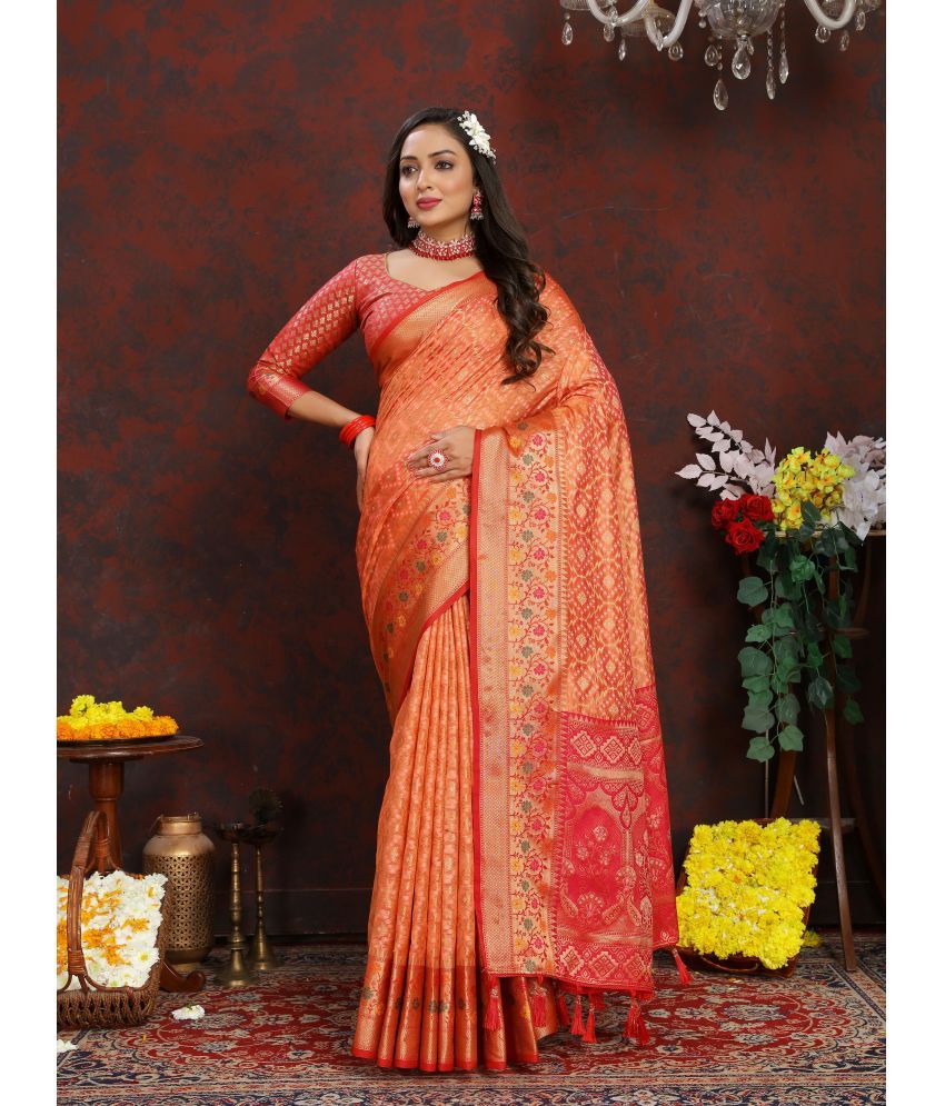     			ofline selection Organza Woven Saree With Blouse Piece - Orange ( Pack of 1 )