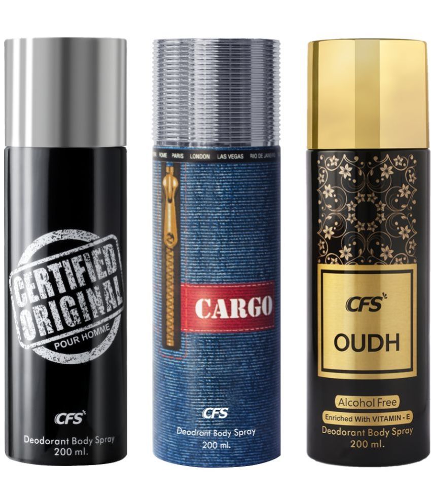     			CFS  Cargo Blue, Certified Black &Oudh Black Body Spray for Unisex 600 ml ( Pack of 3 )