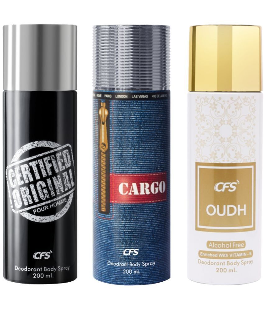     			CFS  Cargo Blue, Certified Black &Oudh White Deodorant Spray for Unisex 600 ml ( Pack of 3 )