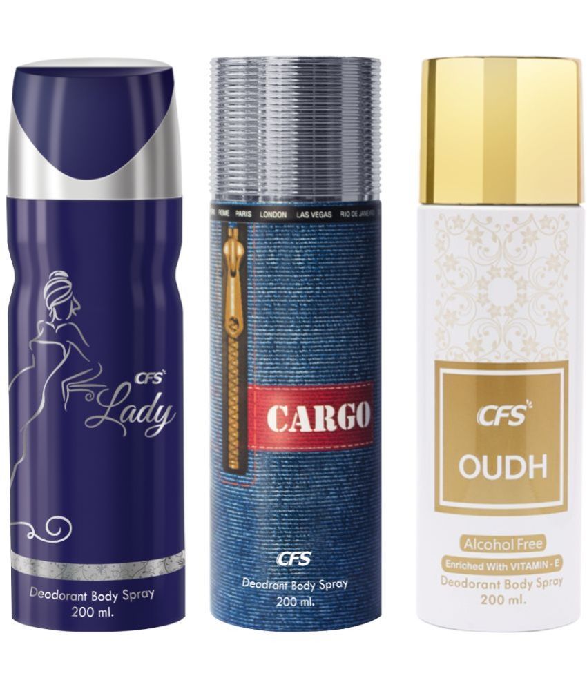     			CFS  Cargo Blue, Lady & Oudh White Deodorant Spray for Unisex 600 ml ( Pack of 3 )