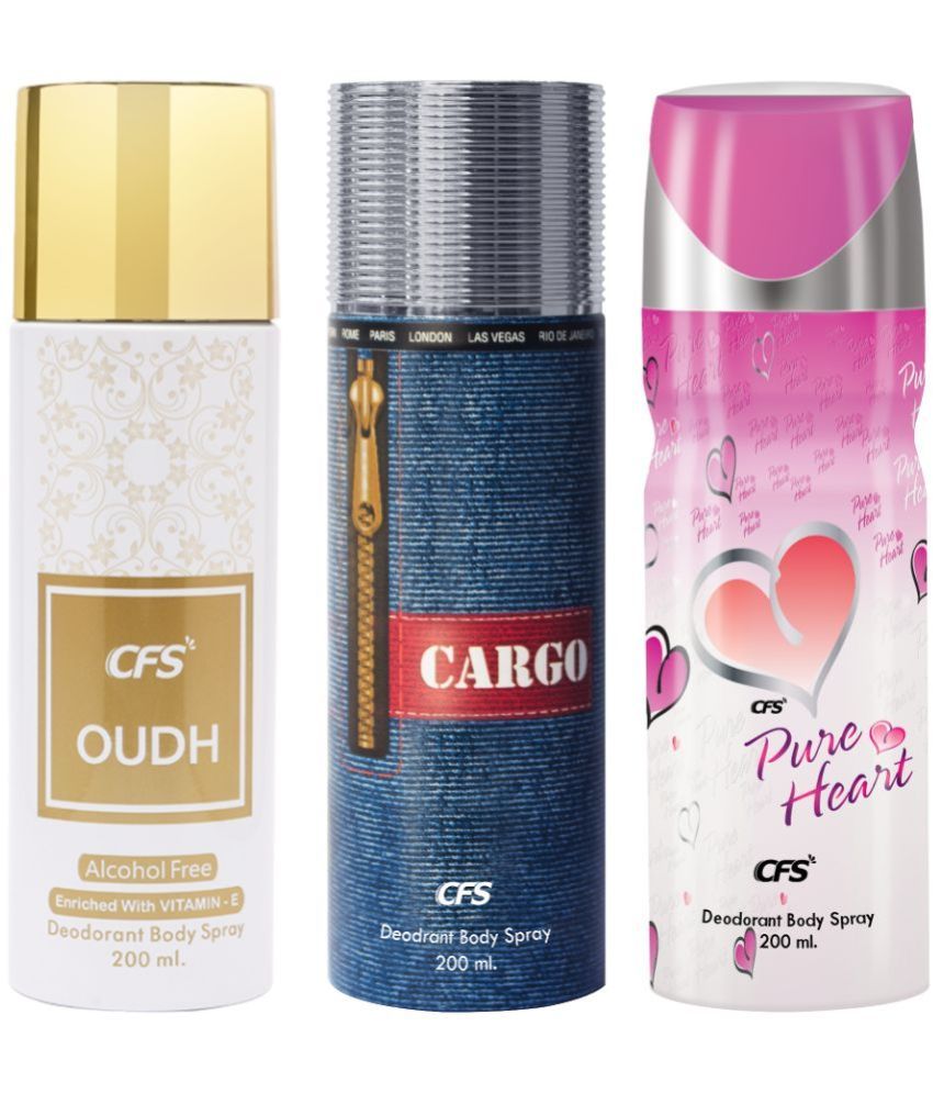     			CFS  Cargo Blue, Oudh White &Pure Heart Pink Body Spray for Unisex 600 ml ( Pack of 3 )