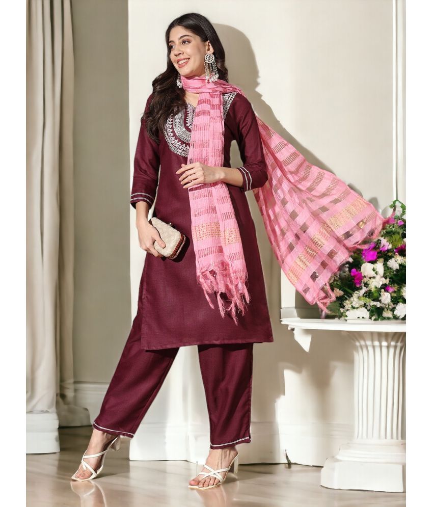     			MORLY Cotton Silk Embroidered Kurti With Pants Women's Stitched Salwar Suit - Wine ( Pack of 1 )