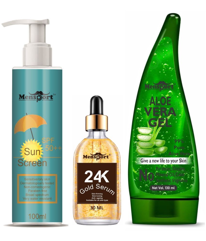     			Mensport Broad Spectrum SPF 50++ Sunscreen 100ML, 24K Gold Face Serum 30ML & Multipurpose Aloe Vera Gel 130ML - Combo of 3 Items