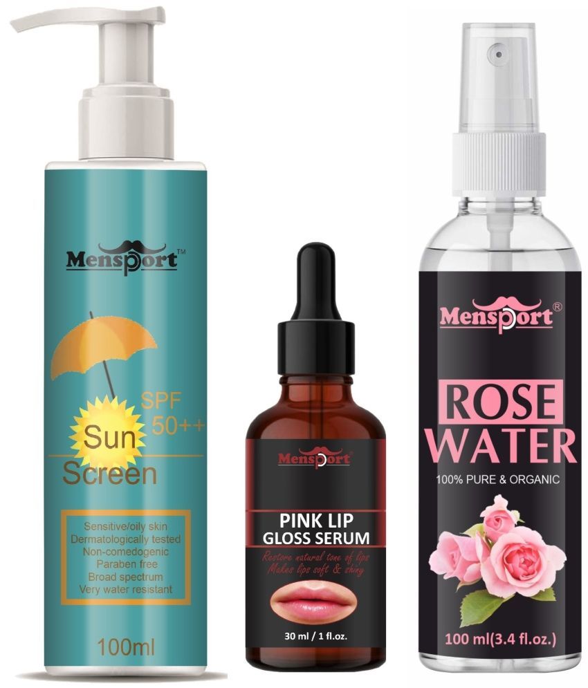     			Mensport Broad Spectrum SPF 50++ Sunscreen 100ML, Pink Lip Gloss Serum 30ML & Natural Rose Water 100ml - Combo of 3 Items