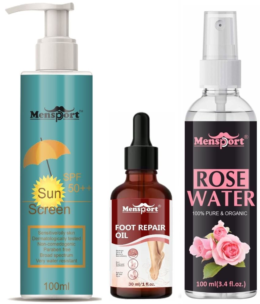     			Mensport Broad Spectrum SPF 50++ Sunscreen 100ML, Foot Repair Oil 30ML & Natural Rose Water 100ml - Combo of 3 Items