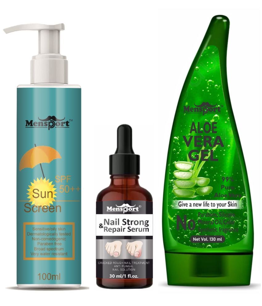     			Mensport Broad Spectrum SPF 50++ Sunscreen 100ML, Nail Strong and Repair Serum 30ML & Multipurpose Aloe Vera Gel 130ML - Combo of 3 Items