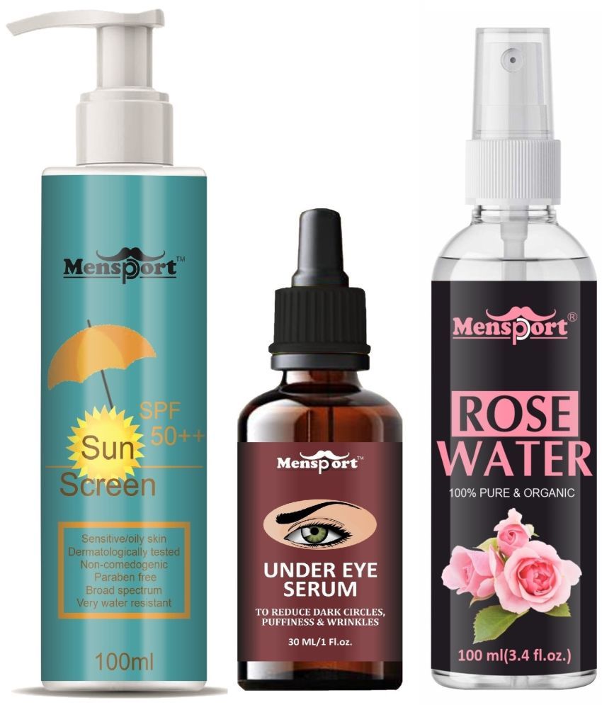     			Mensport Broad Spectrum SPF 50++ Sunscreen 100ML, Under Eye Serum for Dark Circle 30ML & Natural Rose Water 100ml - Combo of 3 Items