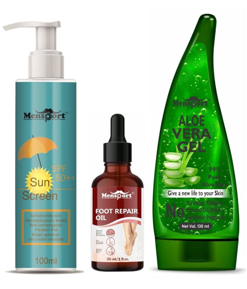     			Mensport Broad Spectrum SPF 50++ Sunscreen 100ML, Foot Repair Oil 30ML & Multipurpose Aloe Vera Gel 130ML - Combo of 3 Items