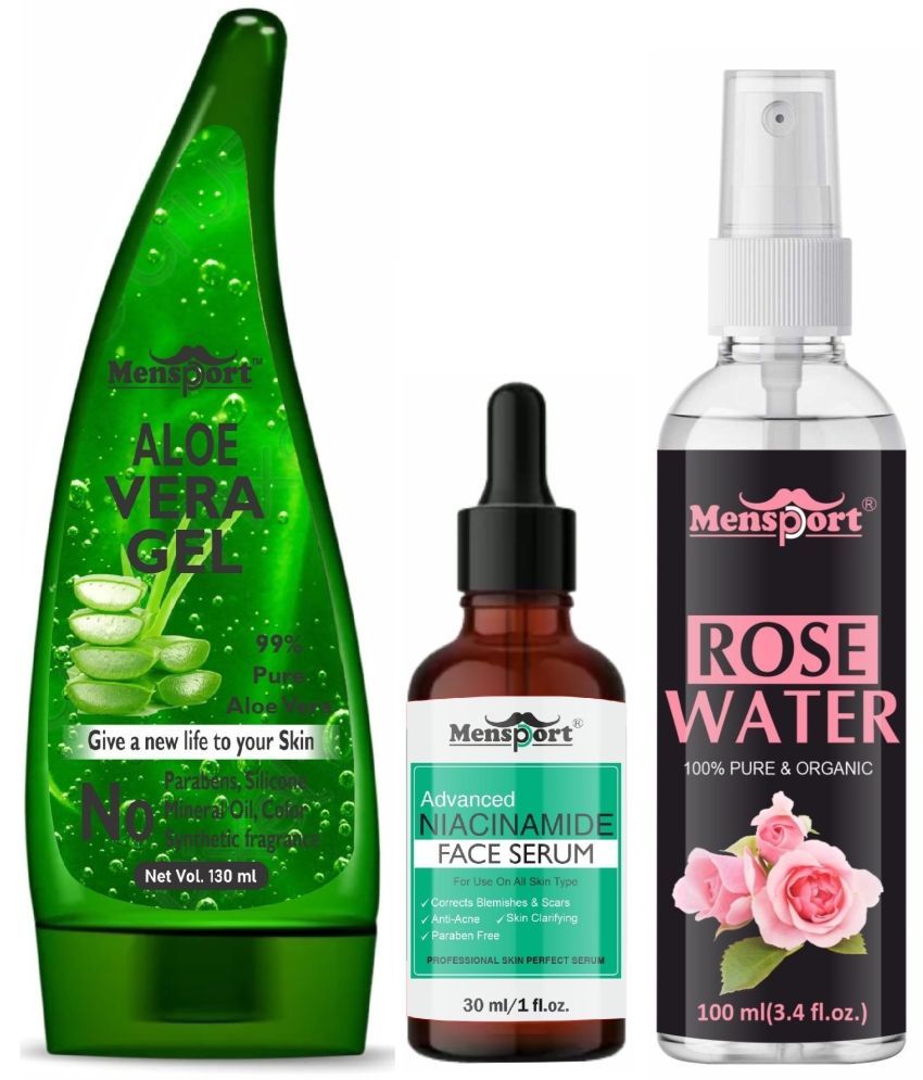     			Mensport Multipurpose Aloe Vera Gel 130ml, Niacinamide Anti Acne Face Serum 30ML & Natural Rose Water 100ml - Combo of 3 Items