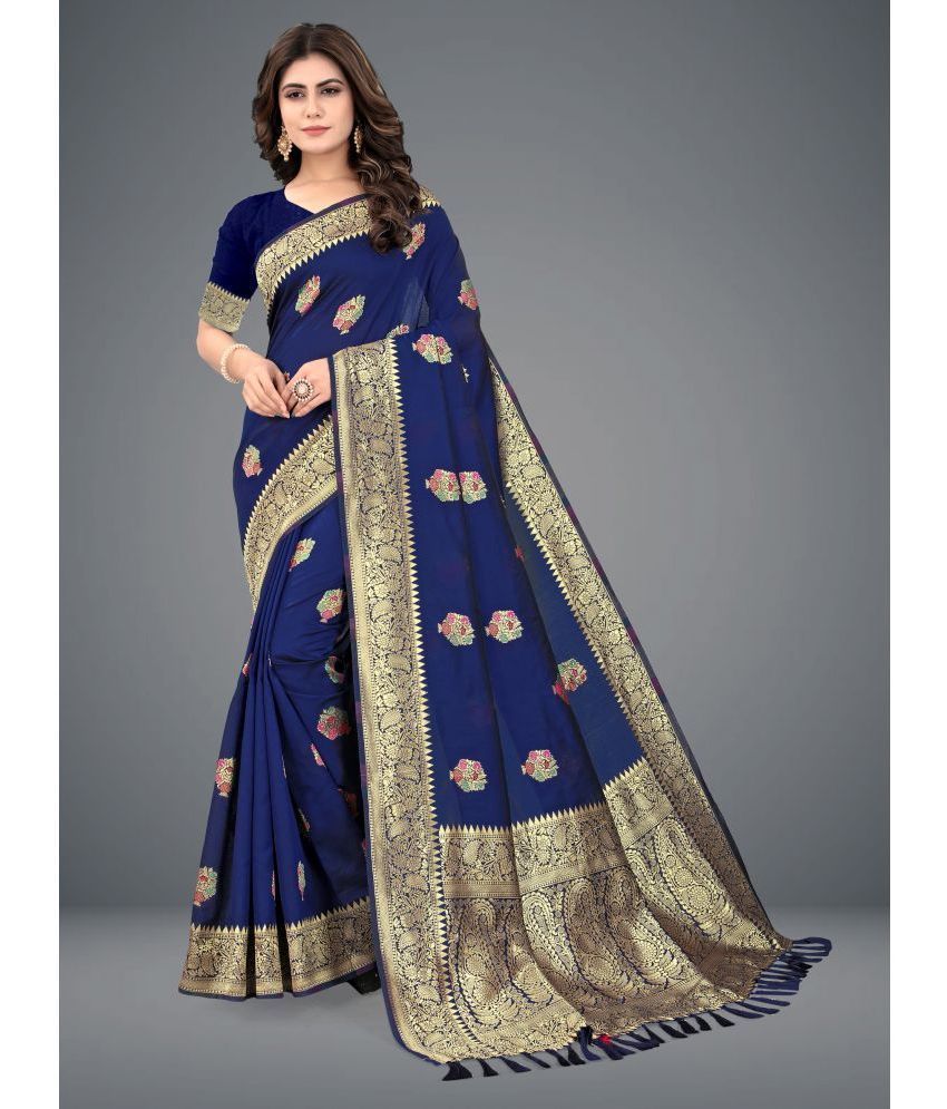     			Om Shantam Sarees Banarasi Silk Woven Saree With Blouse Piece - Navy Blue ( Pack of 1 )