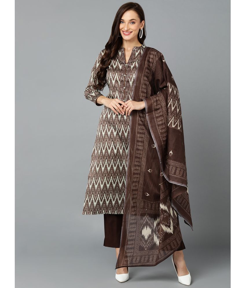     			Vaamsi Silk Blend Printed Kurti With Pants Women's Stitched Salwar Suit - Brown ( Pack of 1 )