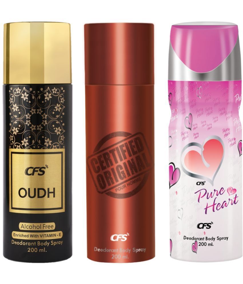     			CFS  Ctfd Brown, Oudh Black & Pure HeartPink Deodorant Spray for Unisex 600 ml ( Pack of 3 )