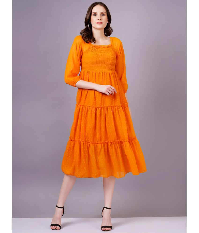     			HIGHLIGHT FASHION EXPORT Georgette Self Design Midi Women's Fit & Flare Dress - Orange ( Pack of 1 )