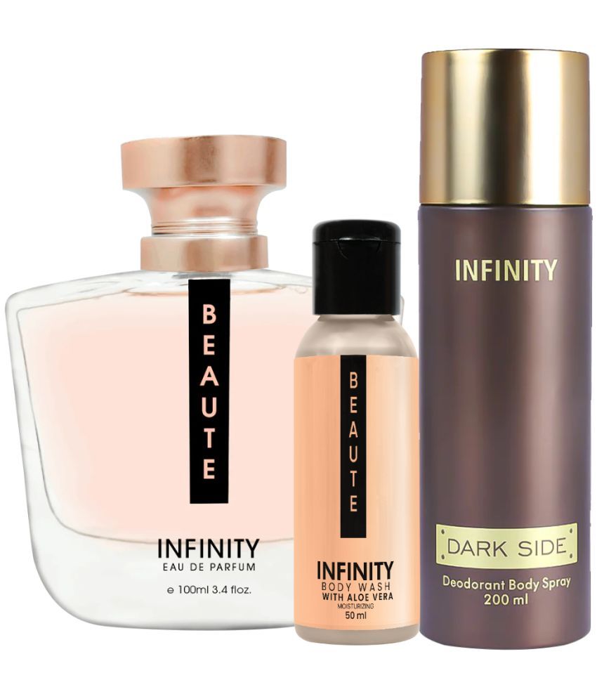     			Infinity Beaute EDP Perfume 100ml, Dark Side Deo Body Spray 200ml, Beaute Body Wash 50ml