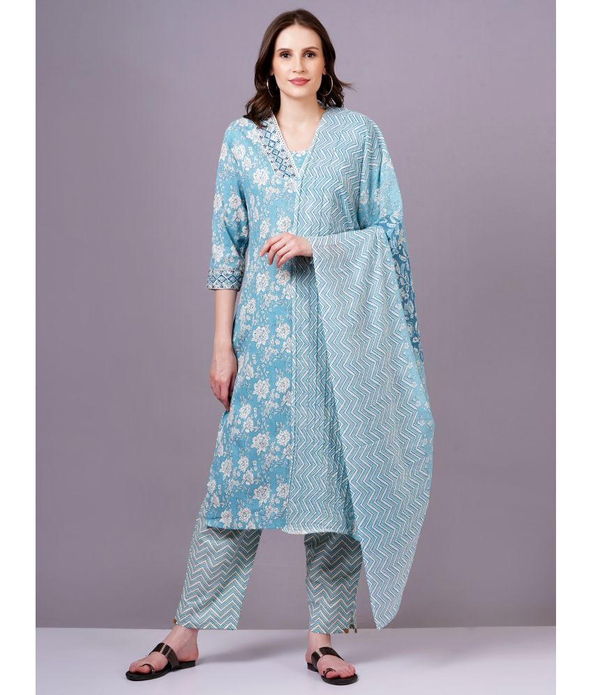     			JC4U Cotton Printed Kurti With Pants Women's Stitched Salwar Suit - Blue ( Pack of 1 )