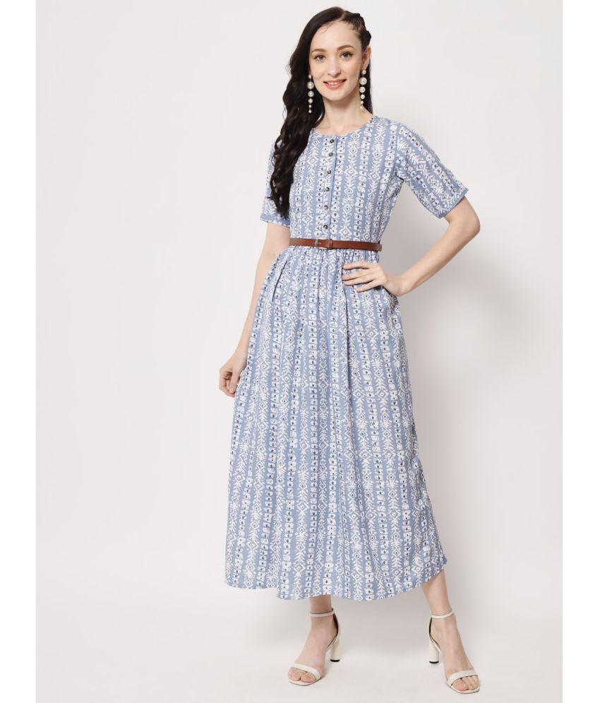     			Kannan Rayon Printed Midi Women's Fit & Flare Dress - Light Blue ( Pack of 1 )