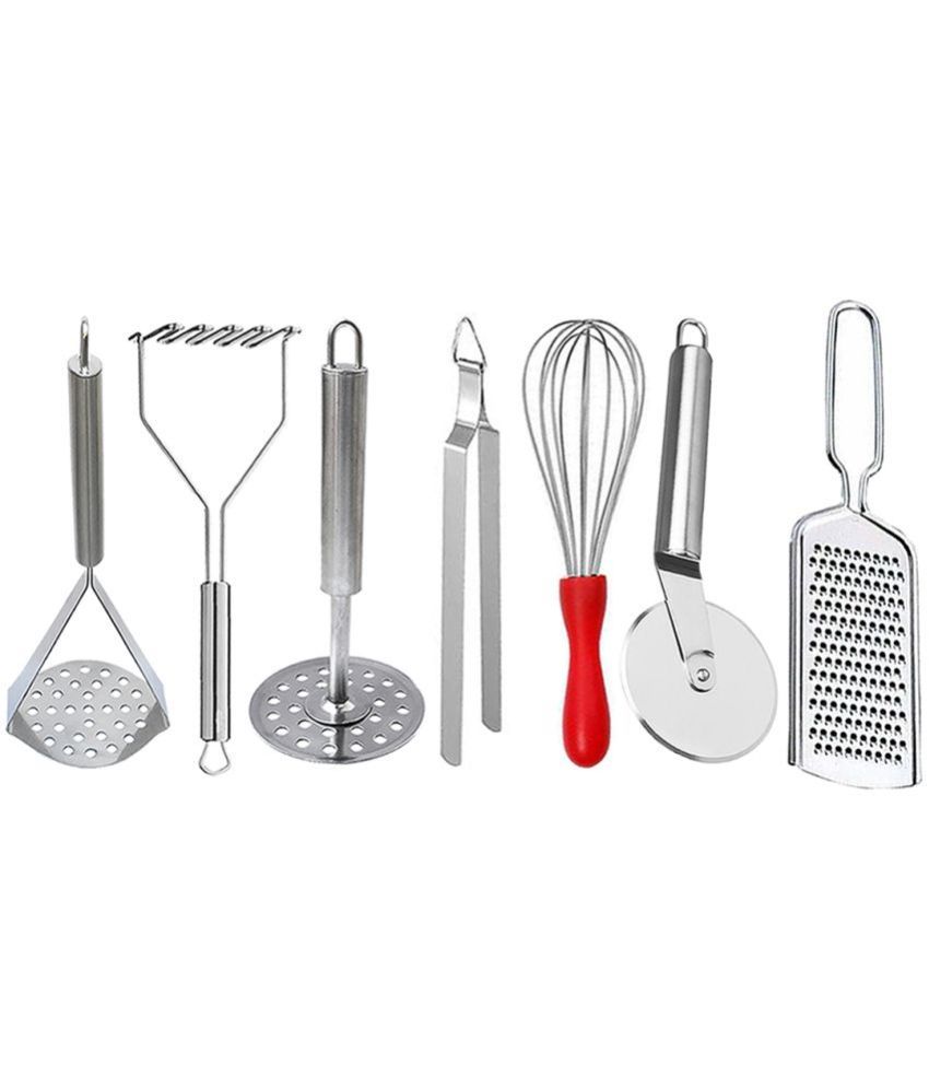     			OC9 Silver Stainless Steel 3Masher+Whisk+Pizza Cutter+Chimta+Grater ( Set of 7 )