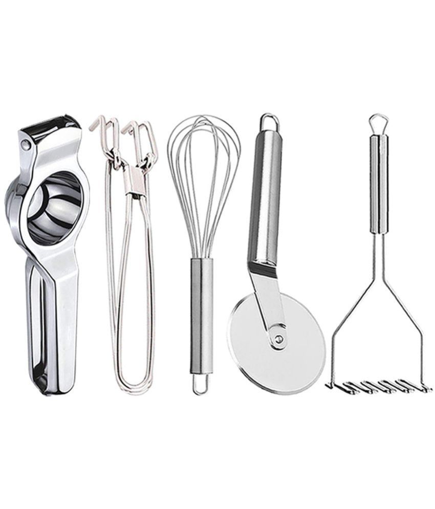     			OC9 Silver Stainless Steel Lemon Squeezer+Pakkad+Whisk+Pizza Cutter+Masher ( Set of 5 )