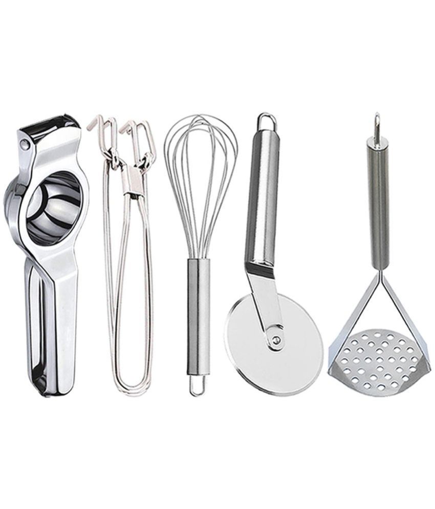     			OC9 Silver Stainless Steel Lemon Squeezer+Pakkad+Whisk+Pizza Cutter+Masher ( Set of 5 )