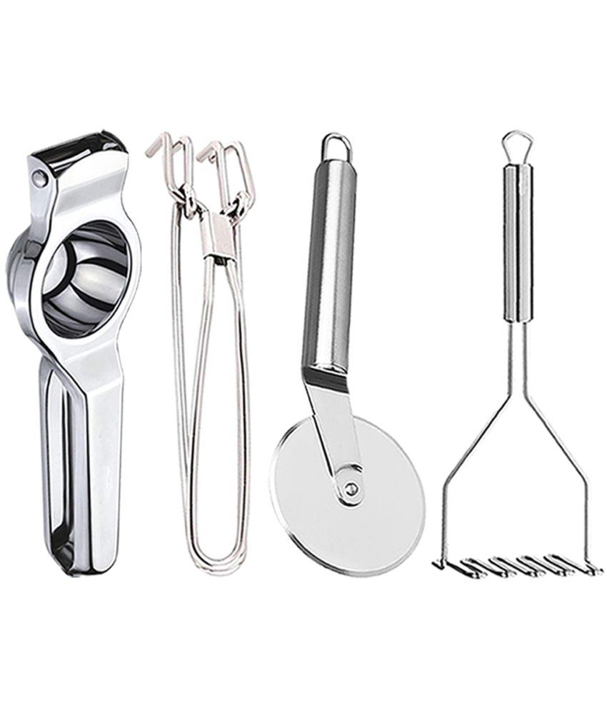     			OC9 Silver Stainless Steel Lemon Squeezer+Pakkad+Pizza Cutter+Masher ( Set of 4 )