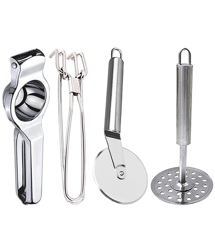     			OC9 Silver Stainless Steel Lemon Squeezer+Pakkad+Pizza Cutter+Masher ( Set of 4 )