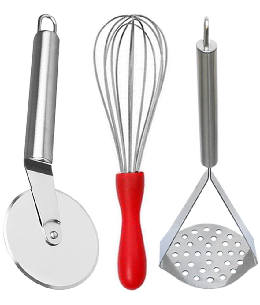     			OC9 Silver Stainless Steel Whisk+Pizza Cutter+Masher ( Set of 3 )