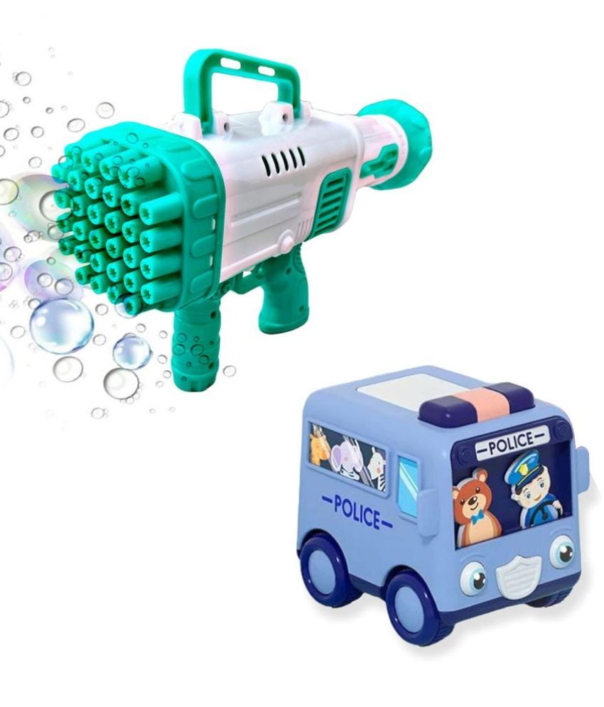     			TOY DEKHO Combo Super Socket 32 Holes Green Bubble Gun & Cartoon Mini Bus, Friction Powered Toys, Educational Toys  For Kids Boys Age 3+ Years