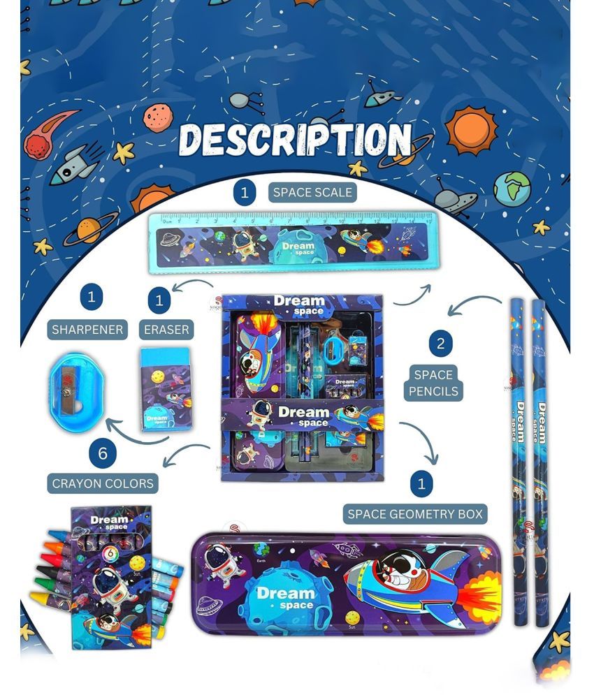     			TOY DEKHO Stationery Kit Set for Boys and Girls, School Supply Stationery Kit Included Metal Pencil Box/Two Pencil/Eraser/Sharpner/Ruler Scale & 6 pcs Crayon Colors (Dream Space Stationery Set)