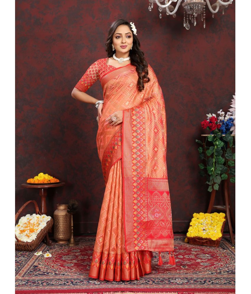     			ofline selection Organza Applique Saree With Blouse Piece - Orange ( Pack of 1 )