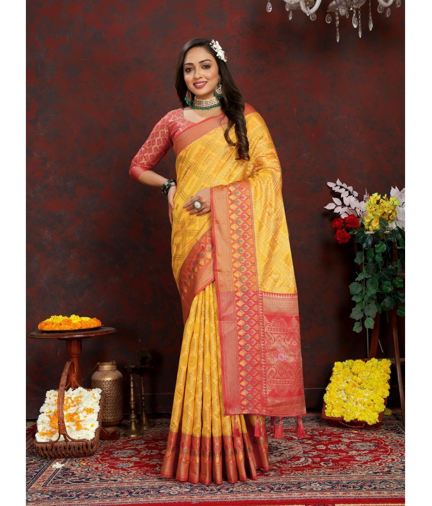     			ofline selection Organza Applique Saree With Blouse Piece - Yellow ( Pack of 1 )