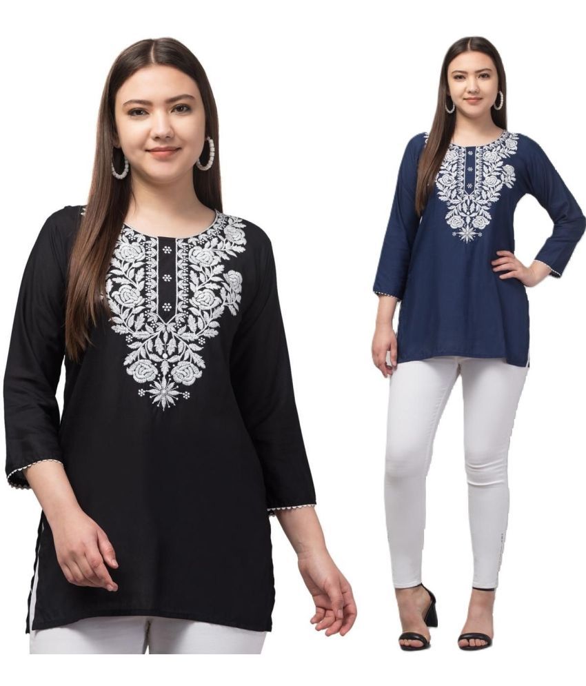     			Aura Glam Rayon Embroidered A-line Women's Kurti - Blue & Black ( Pack of 2 )