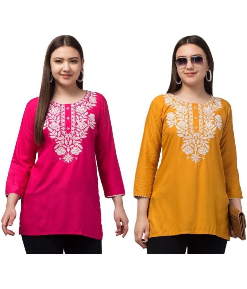     			Aura Glam Rayon Embroidered A-line Women's Kurti - Multicolor3 ( Pack of 2 )