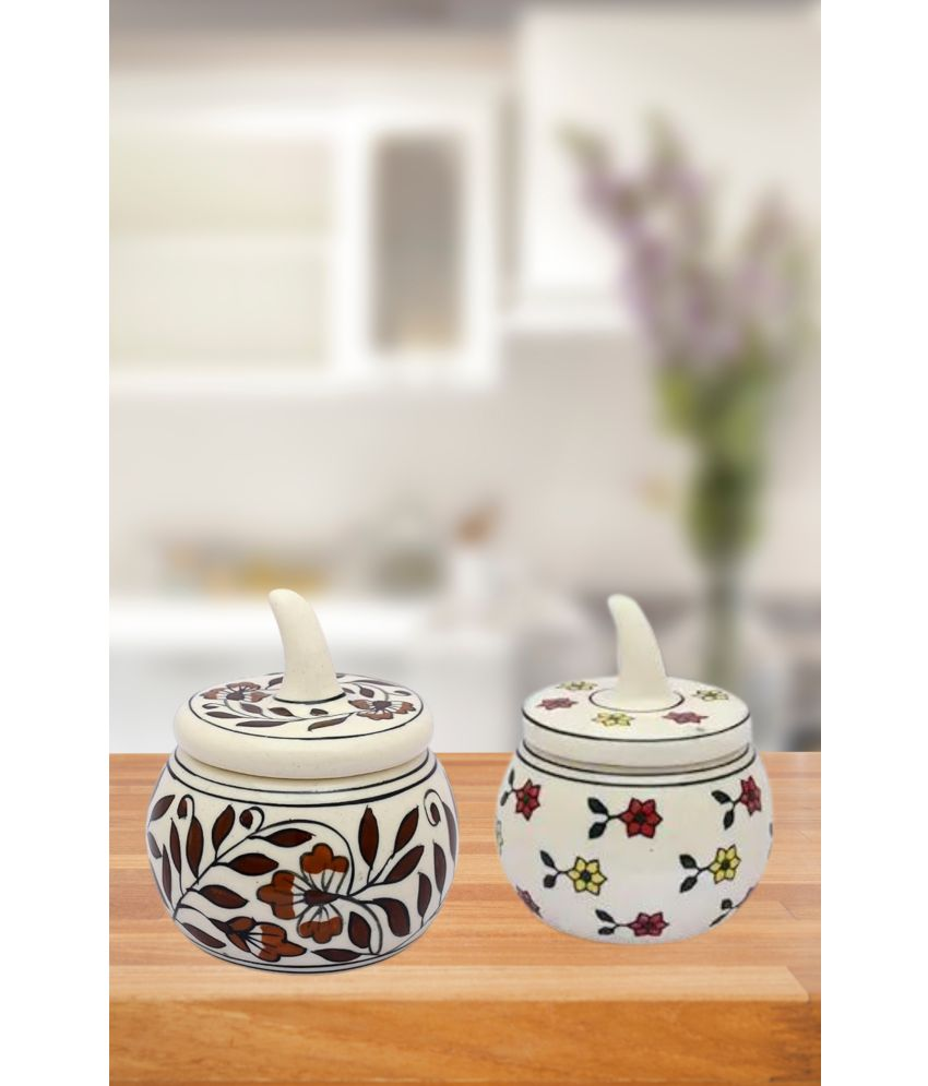     			Malaikah White Brown Salt Jar Ceramic White Salt/Pepper Container ( Set of 2 )