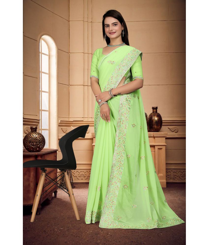     			Om Shantam Sarees Georgette Embroidered Saree With Blouse Piece - Lime Green ( Pack of 1 )