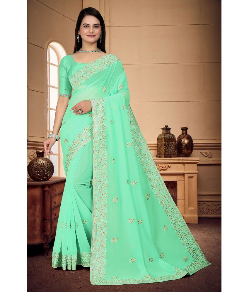     			Om Shantam Sarees Georgette Embroidered Saree With Blouse Piece - Sea Green ( Pack of 1 )