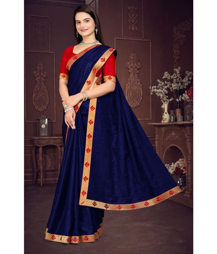     			Om Shantam Sarees Silk Blend Solid Saree With Blouse Piece - Navy Blue ( Pack of 1 )