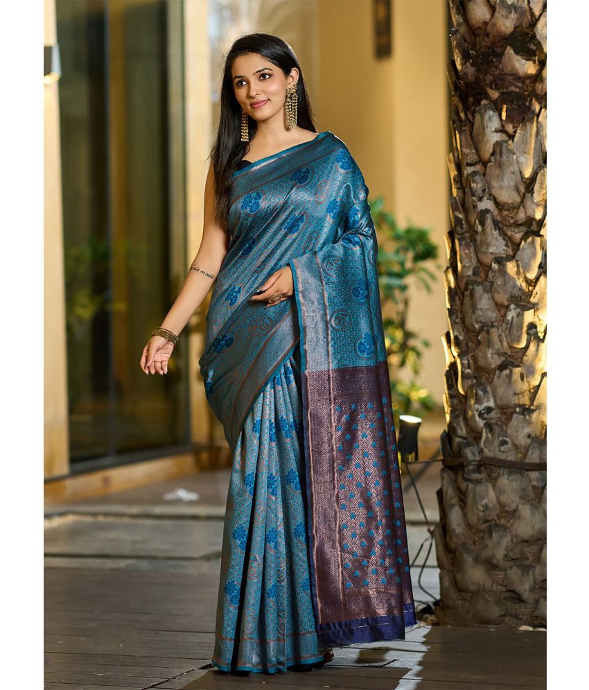     			kedar fab Jacquard Woven Saree With Blouse Piece - Blue ( Pack of 1 )