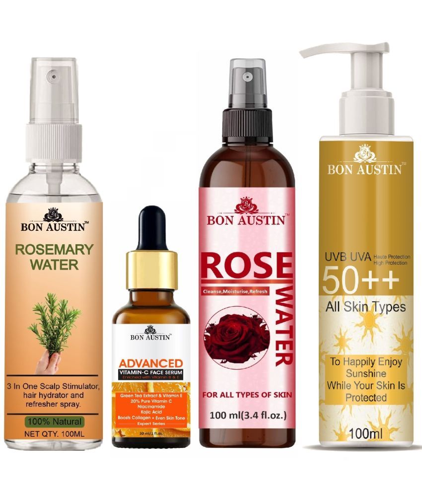     			Bon Austin Rosemary Water | Hair Spray For Regrowth | Hair Growth Expert 100ml, Advance Vitamin C Face Serum 30ML, UVA & UVB Protection Sunscreen 100ml & Natural Rose Water 100ml - Set of 4 Items