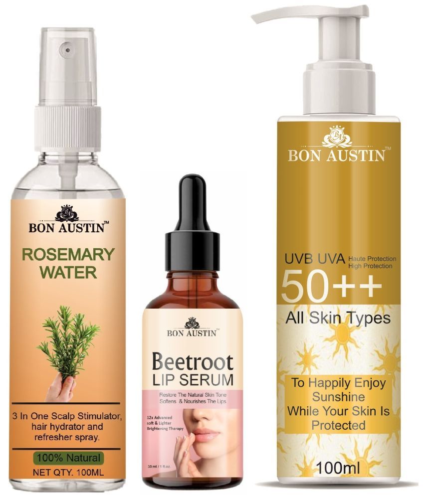     			Bon Austin Rosemary Water | Hair Spray For Regrowth | Hair Growth Expert 100ml, Beetroot Lip Serum 30ML & UVA & UVB Protection Sunscreen 100ml  - Set of 3 Items