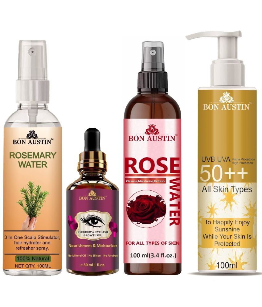     			Bon Austin Rosemary Water | Hair Spray For Regrowth | Hair Growth Expert 100ml, Eyebrow and Eyelash Growth Oil 30ML, UVA & UVB Protection Sunscreen 100ml & Natural Rose Water 100ml - Set of 4 Items