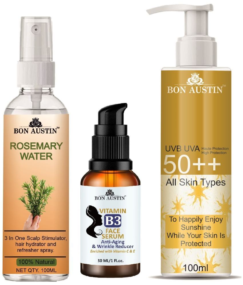     			Bon Austin Rosemary Water | Hair Spray For Regrowth | Hair Growth Expert 100ml, Vitamin B3 Face Serum 30ML & UVA & UVB Protection Sunscreen 100ml  - Set of 3 Items