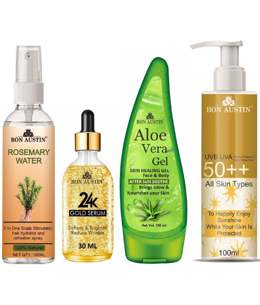     			Bon Austin Rosemary Water | Hair Spray For Regrowth | Hair Growth Expert 100ml, 24K Gold Face Serum 30ML, UVA & UVB Protection Sunscreen 100ml & Multipurpose Aloe Vera Gel 130ml - Set of 4 Items