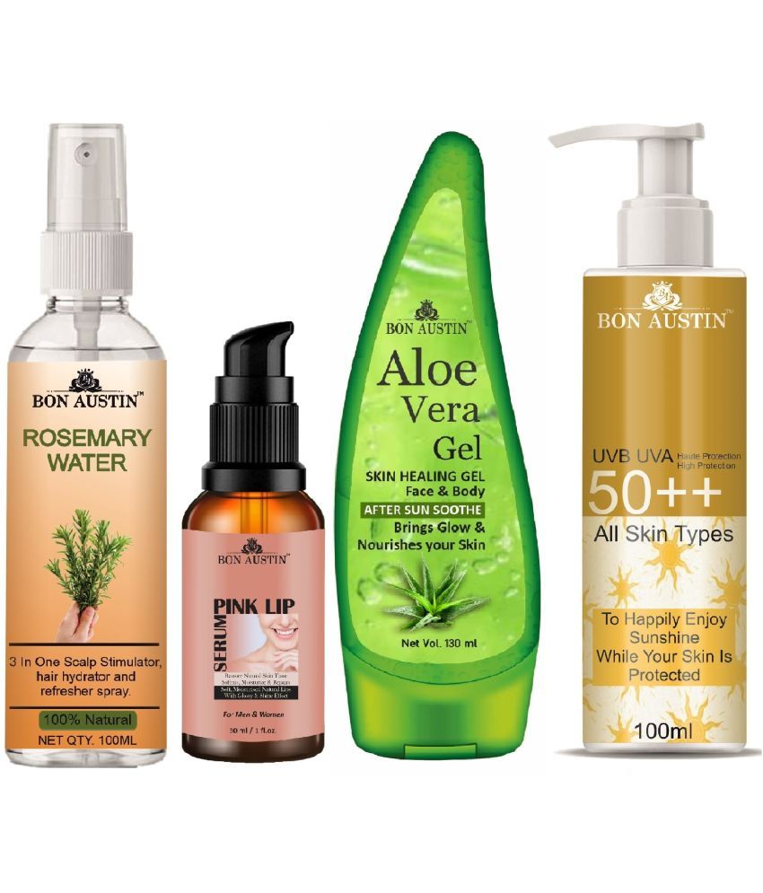     			Bon Austin Rosemary Water | Hair Spray For Regrowth | Hair Growth Expert 100ml, Pink Lip Serum 30ML, UVA & UVB Protection Sunscreen 100ml & Multipurpose Aloe Vera Gel 130ml - Set of 4 Items