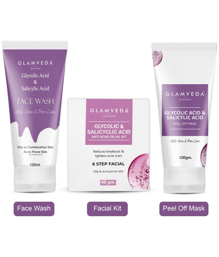     			Glamveda Glycolic & Salicylic Acid Anti Acne Combo Gift Pack | For Oily & Acne Prone Skin | Face Wash, Facial Kit & Peel Off Mask