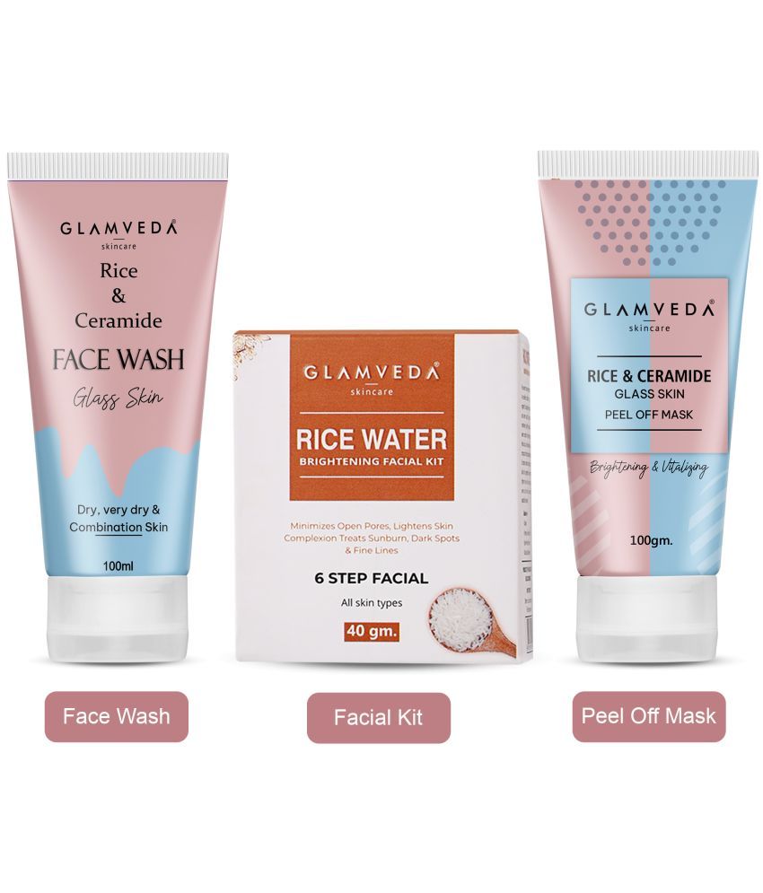     			Glamveda Rice & Ceramide Korean Glass Skin Combo Gift Pack | Skin Brightening & Anti Dullness | Face Wash, Facial Kit & Peel Off Mask