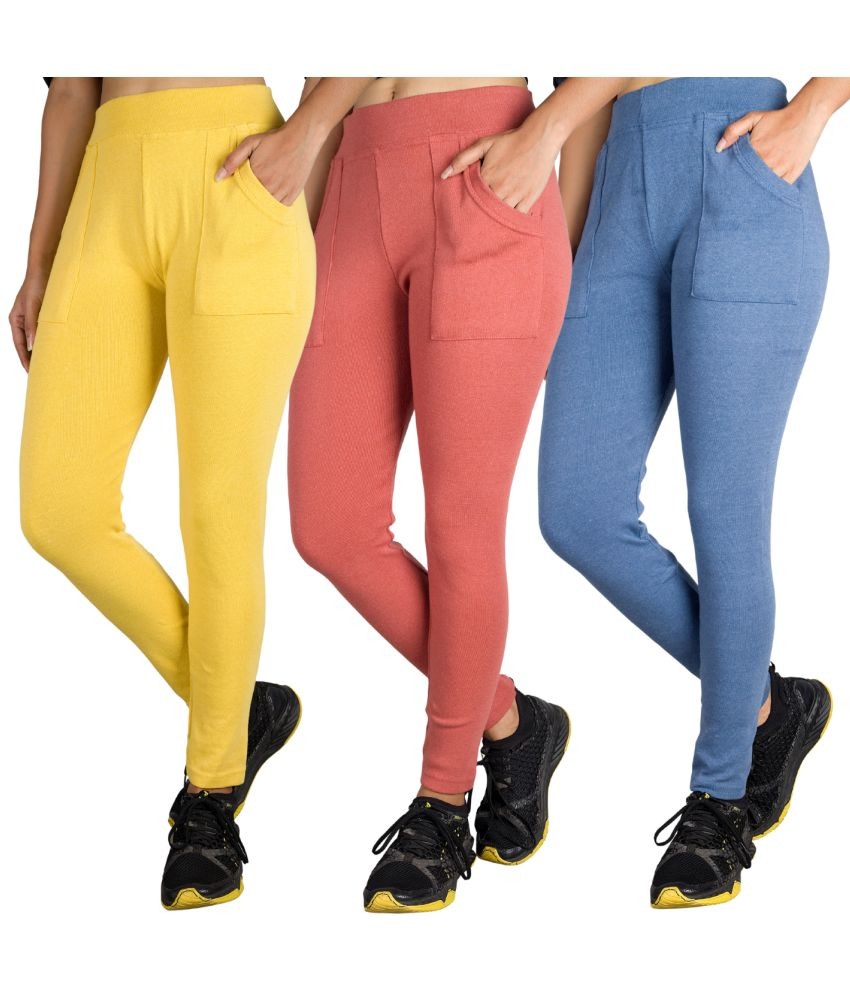     			KARARO JEGGINGS - Cotton Blend Skinny Fit Yellow Women's Jeggings ( Pack of 3 )