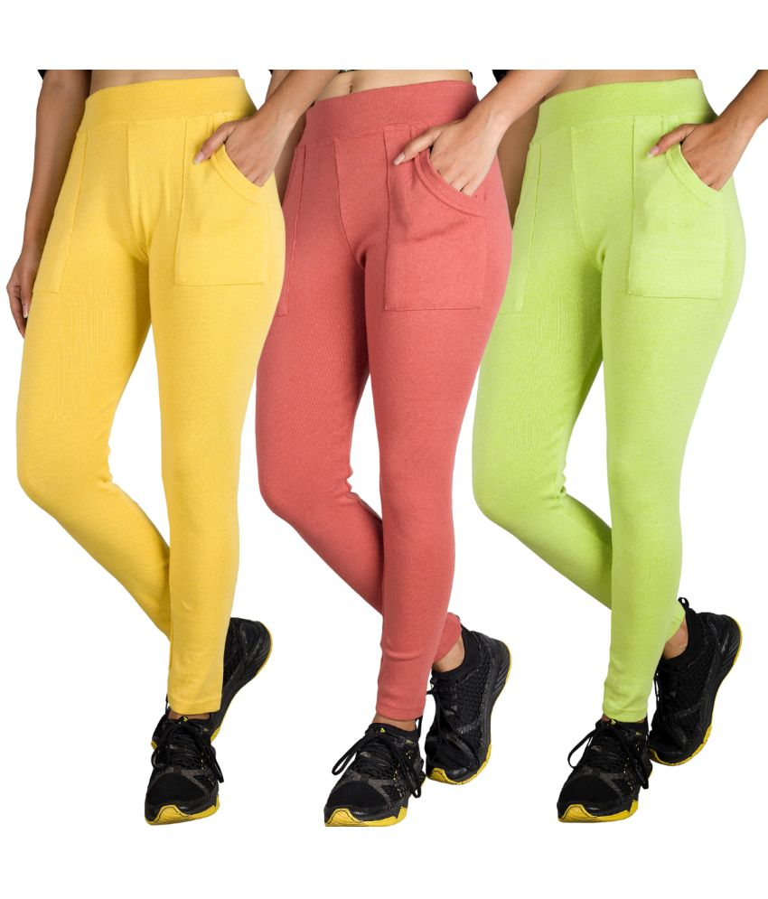     			KARARO JEGGINGS - Cotton Blend Skinny Fit Yellow Women's Jeggings ( Pack of 3 )