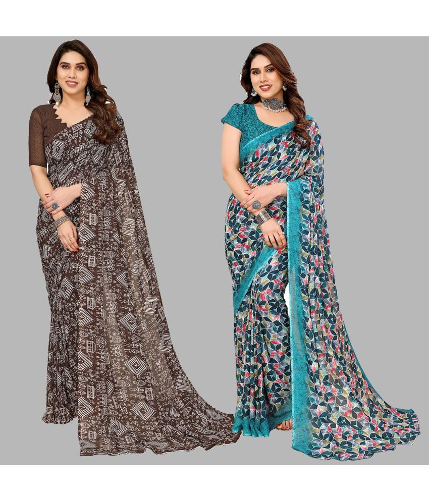     			Kashvi Sarees Georgette Printed Saree With Blouse Piece - Multicolour ( Pack of 2 )