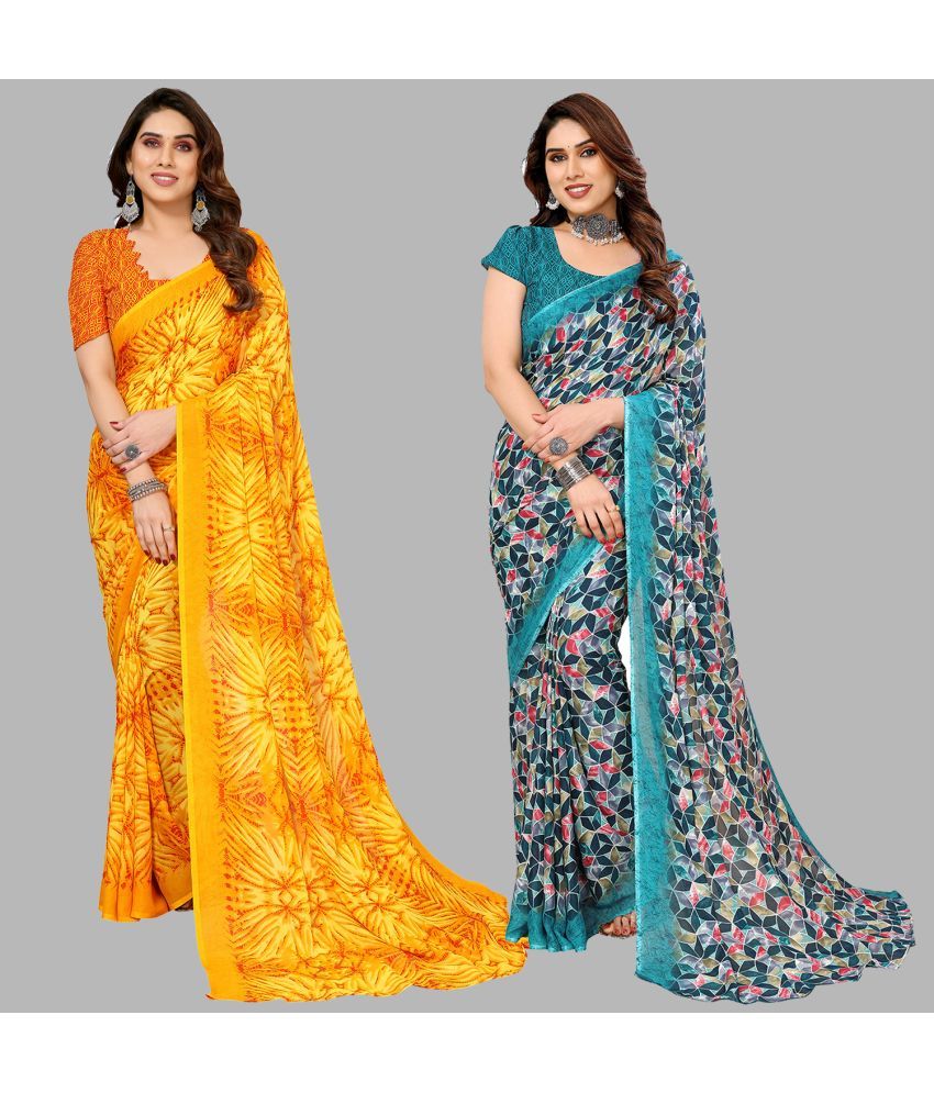     			Kashvi Sarees Georgette Printed Saree With Blouse Piece - Multicolour ( Pack of 2 )