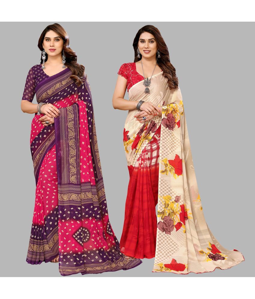     			Kashvi Sarees Georgette Printed Saree With Blouse Piece - Multicolour ( Pack of 2 )